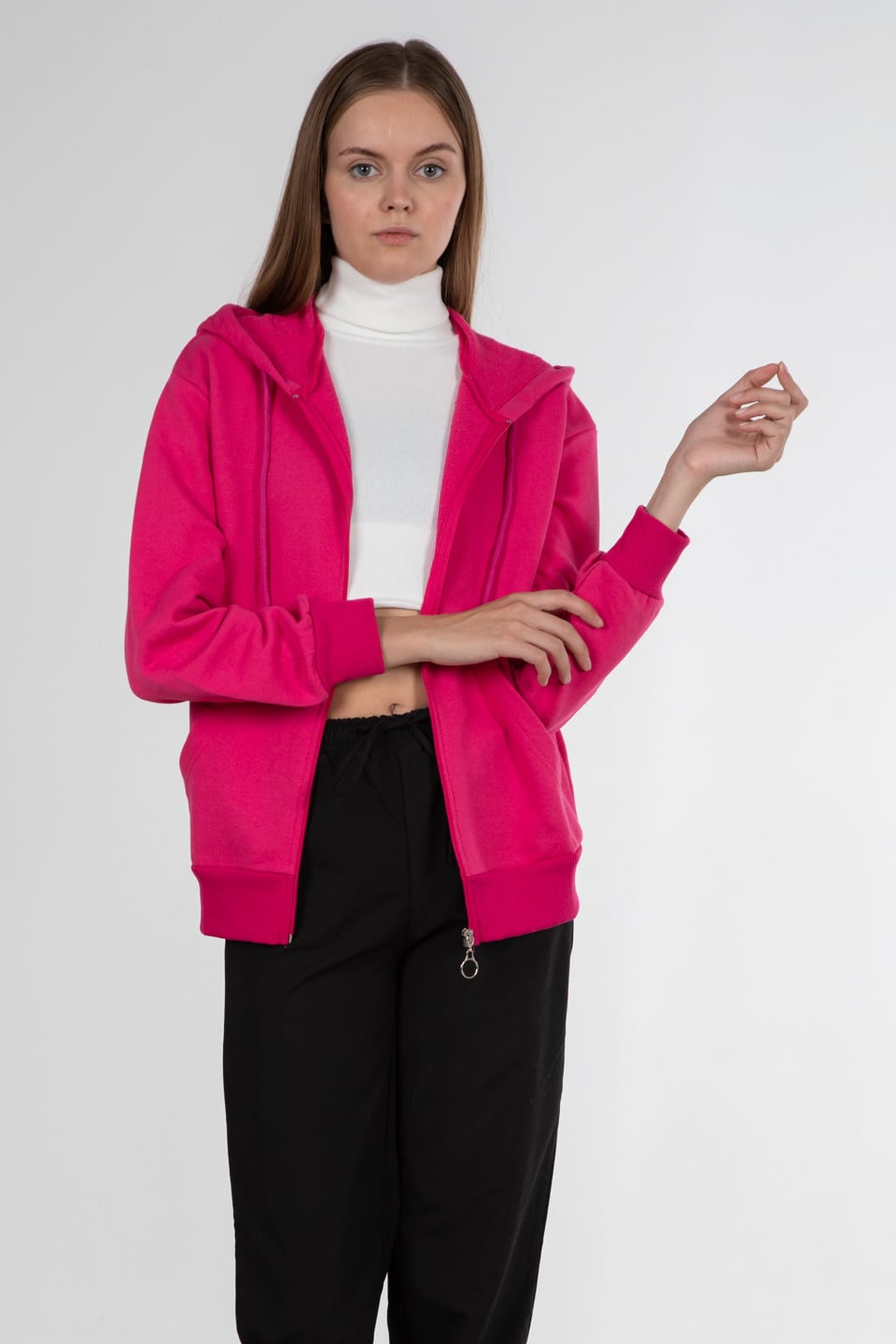 Kapüşonlu fermuarlı sweatshirt-1030 Fuşya