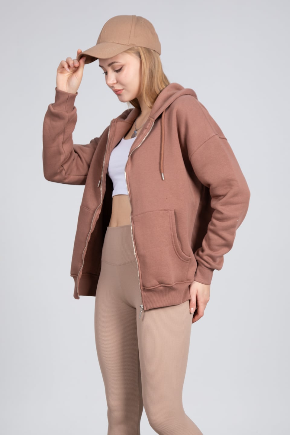 Kapüşonlu fermuarlı sweatshirt-DVN0032 Çikolata