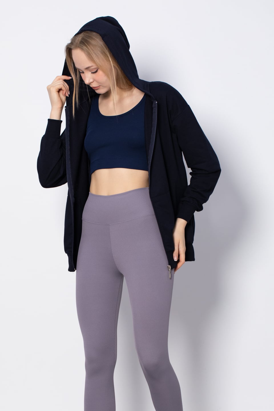 Kapüşonlu Fermuarlı Sweatshirt - Lacivert