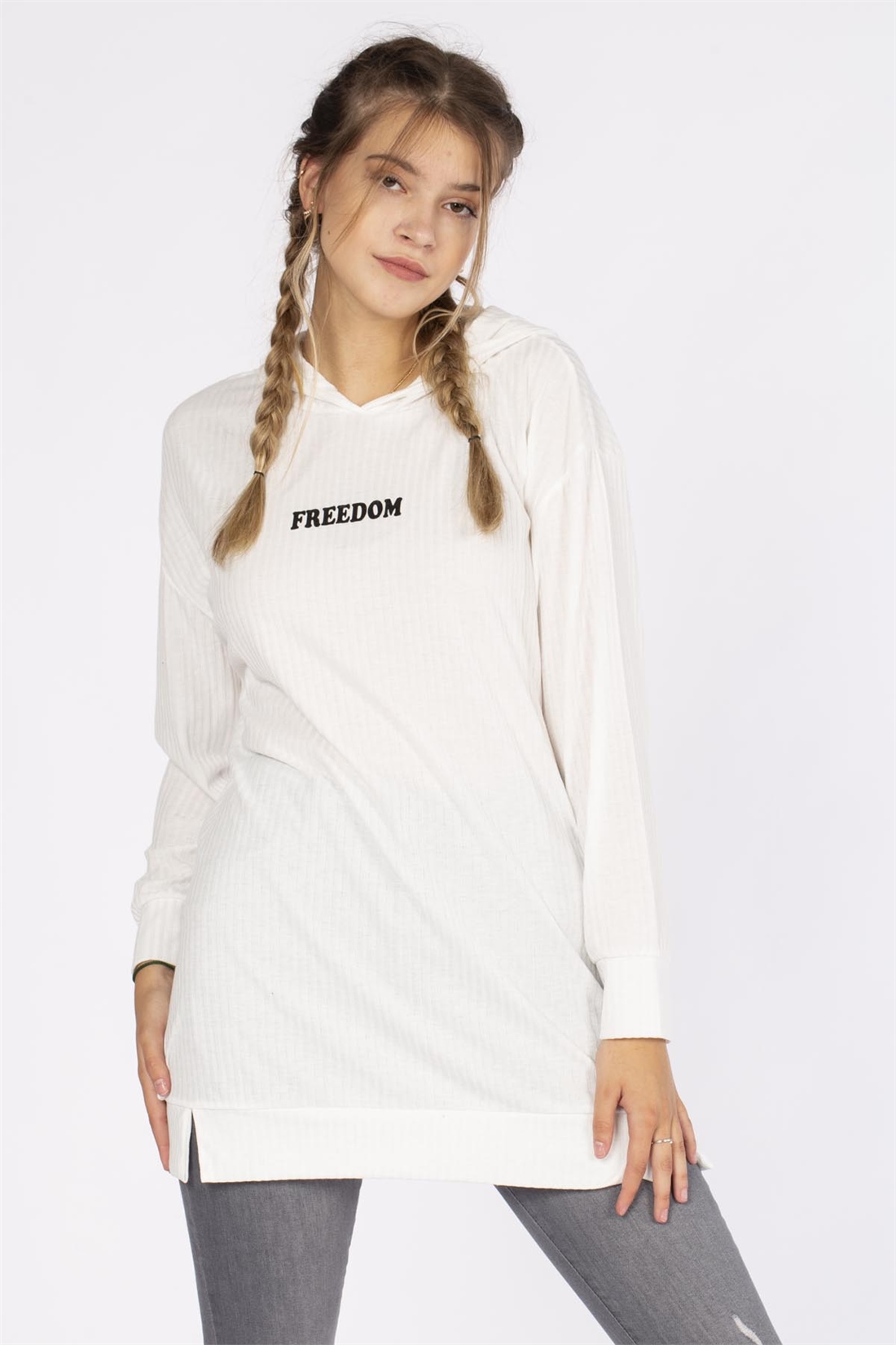 Kapüşonlu Freedom Yazılı Tunik-Ekru