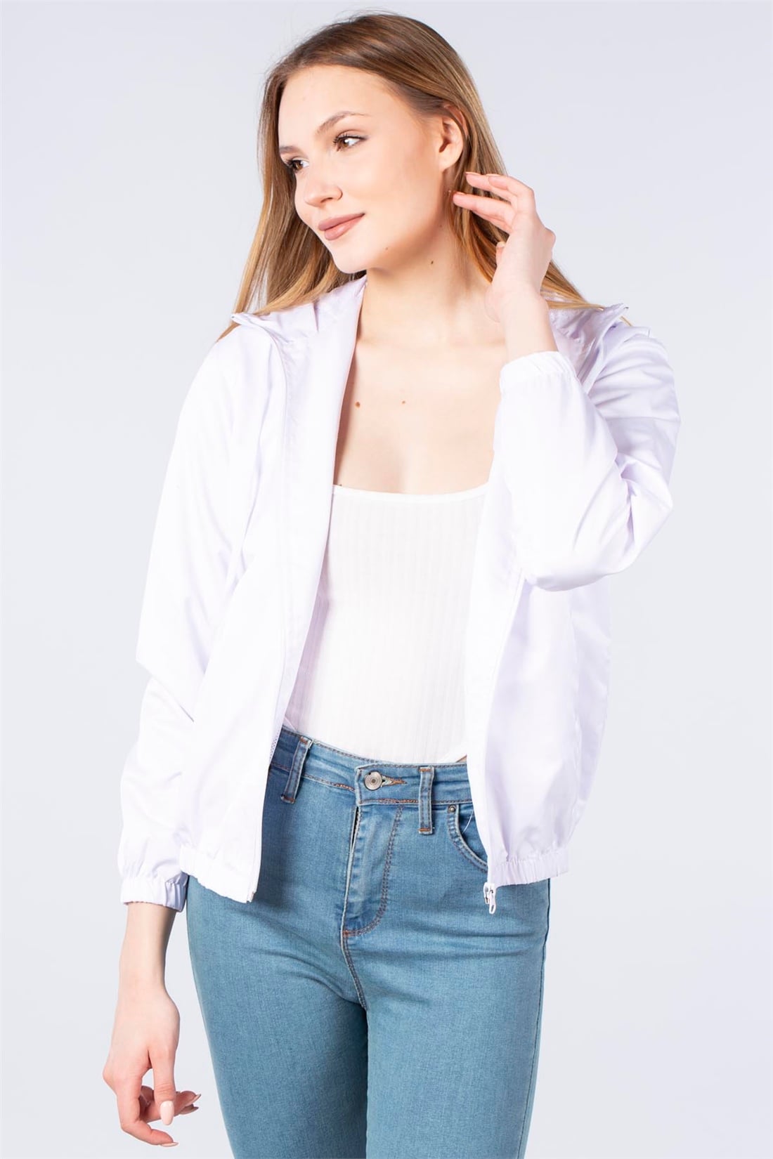Kapüşonlu İnce Mont-Beyaz