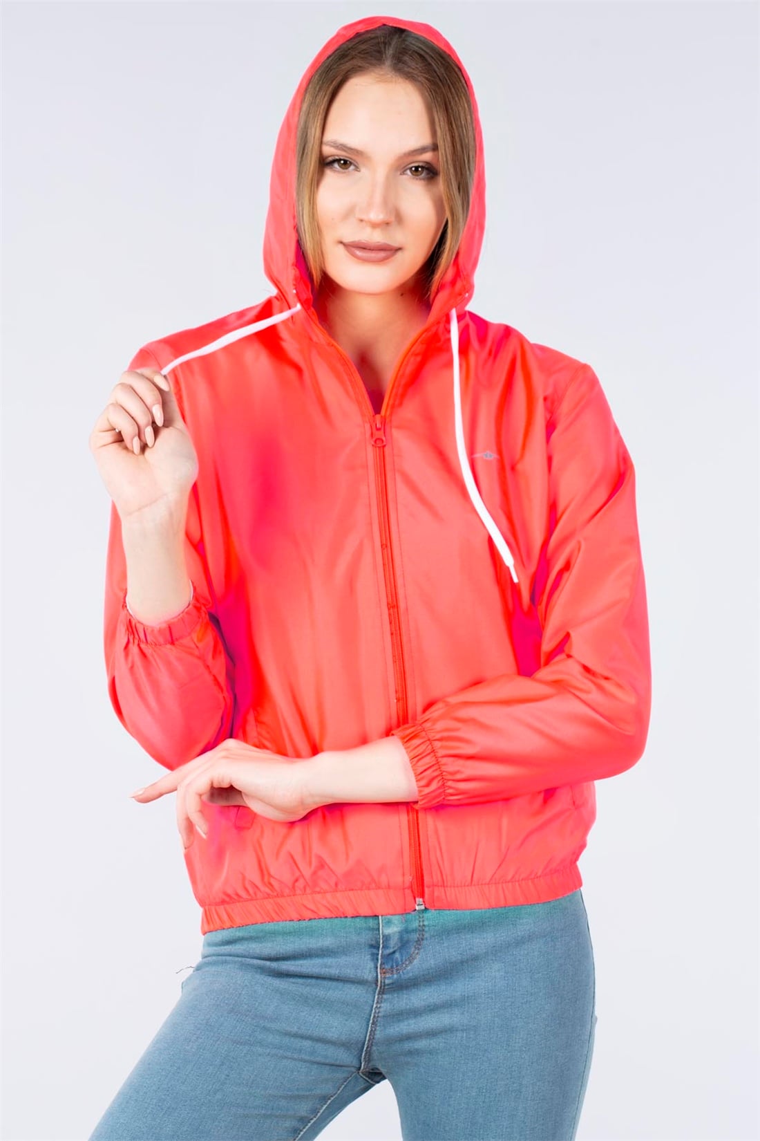 Kapüşonlu İnce Mont-Neon Coral