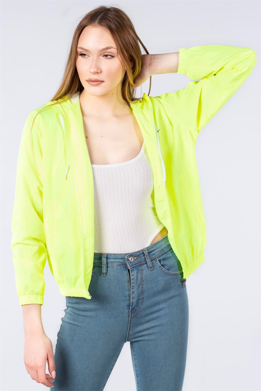Kapüşonlu İnce Mont-Neon Sarı