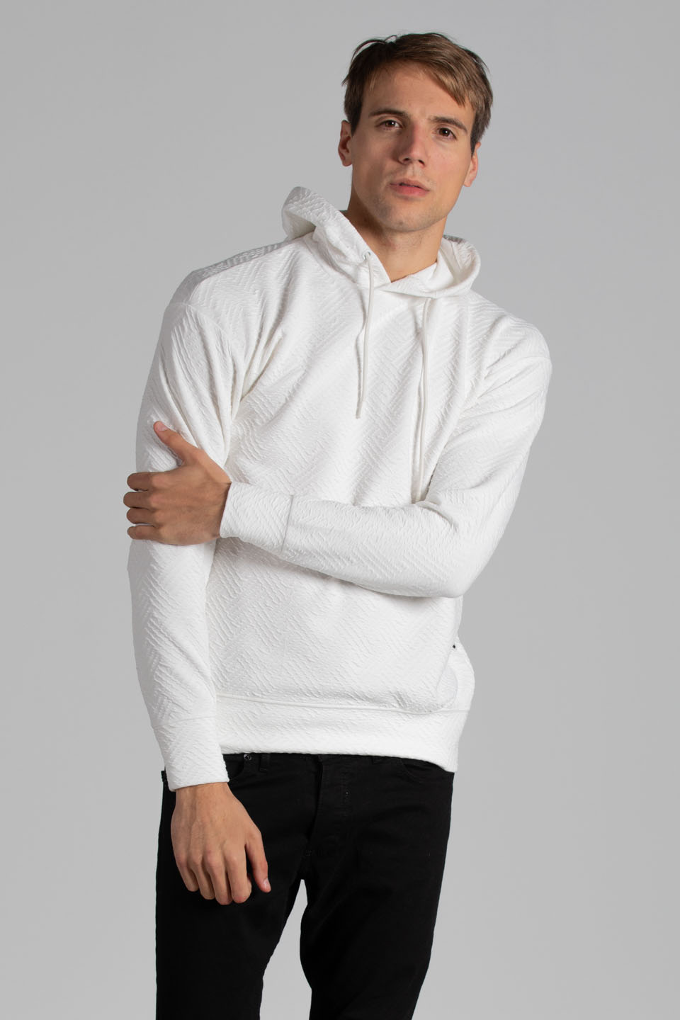 Kapüşonlu jakar örme sweatshirt-9001 Ekru