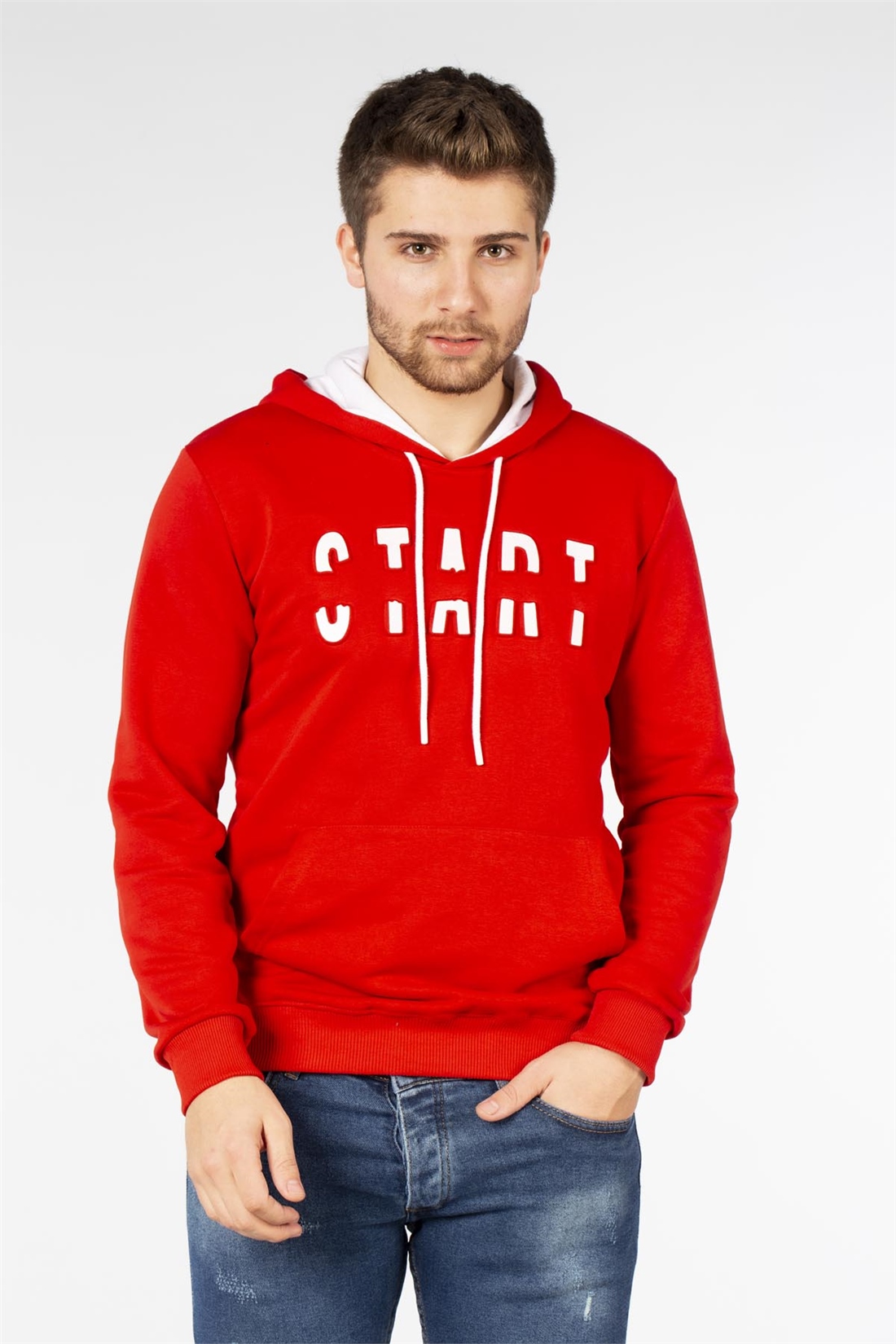 Kapüşonlu Kanguru Cep Sweatshirt-Kırmızı