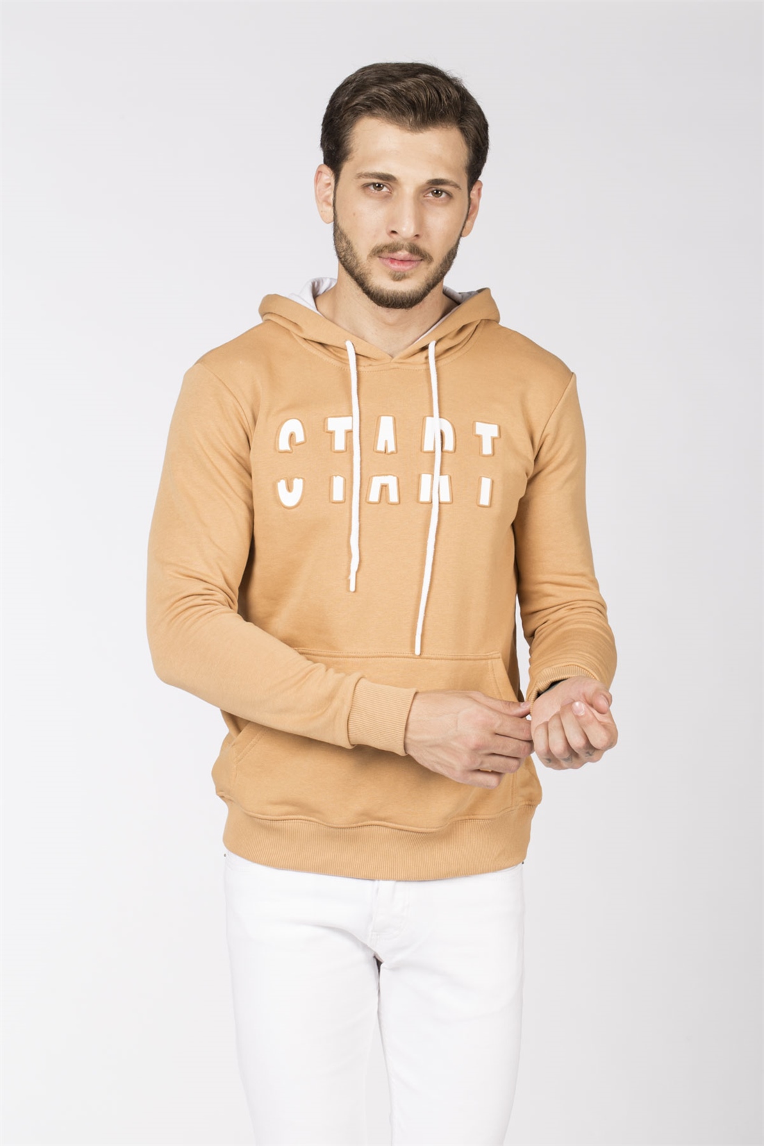 Kapüşonlu Kanguru Cep Sweatshirt-Sütlü Kahve