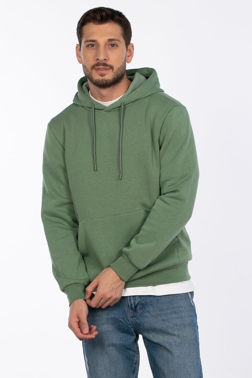 Kapüşonlu kanguru cepli sweatshirt-5281 Elma Yeşili