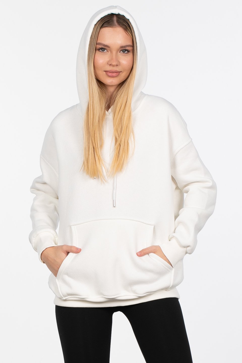 Kapüşonlu Kanguru Cepli Sweatshirt - Ekru