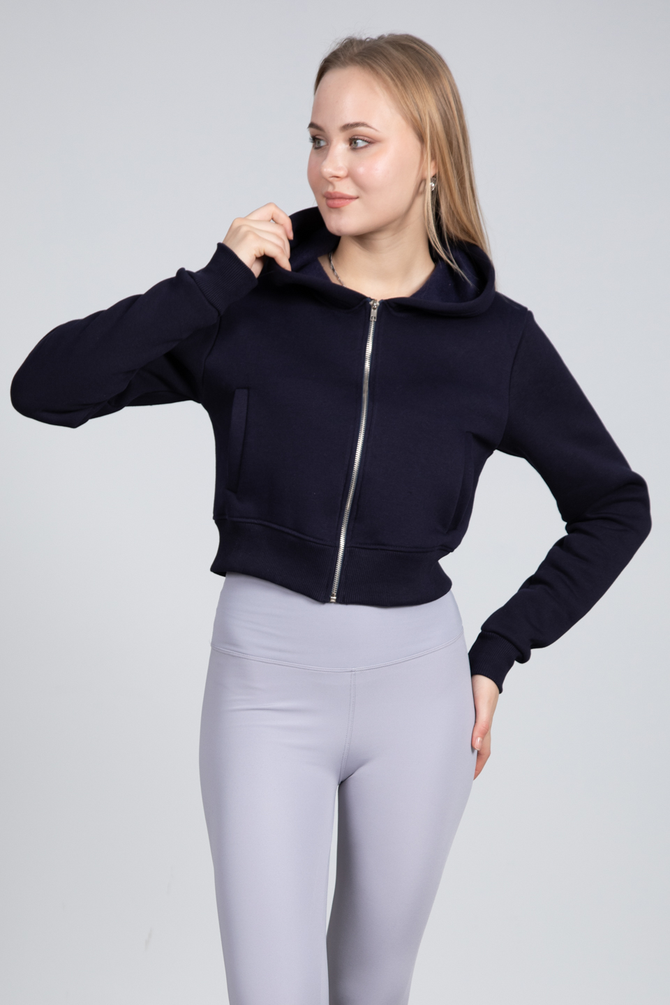 Kapüşonlu kısa fermuarlı sweatshirt-DVN0493 Lacivert