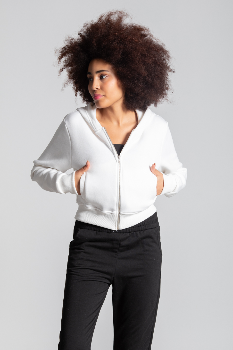 Kapüşonlu kısa fermuarlı sweatshirt-DVN0493 Ekru