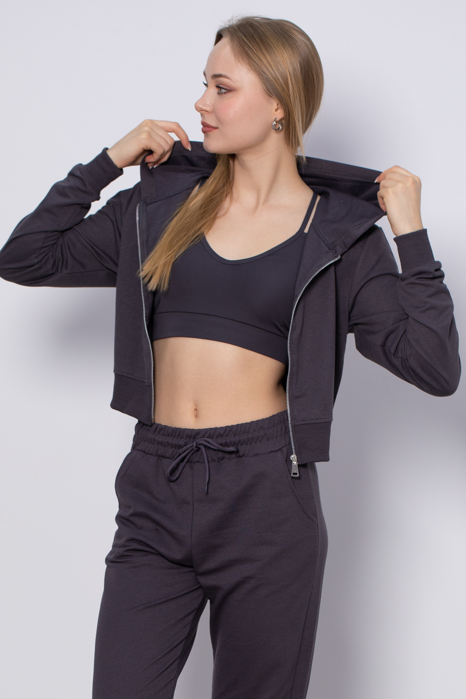 Kapüşonlu Kısa İnce Sweatshirt - Antrasit