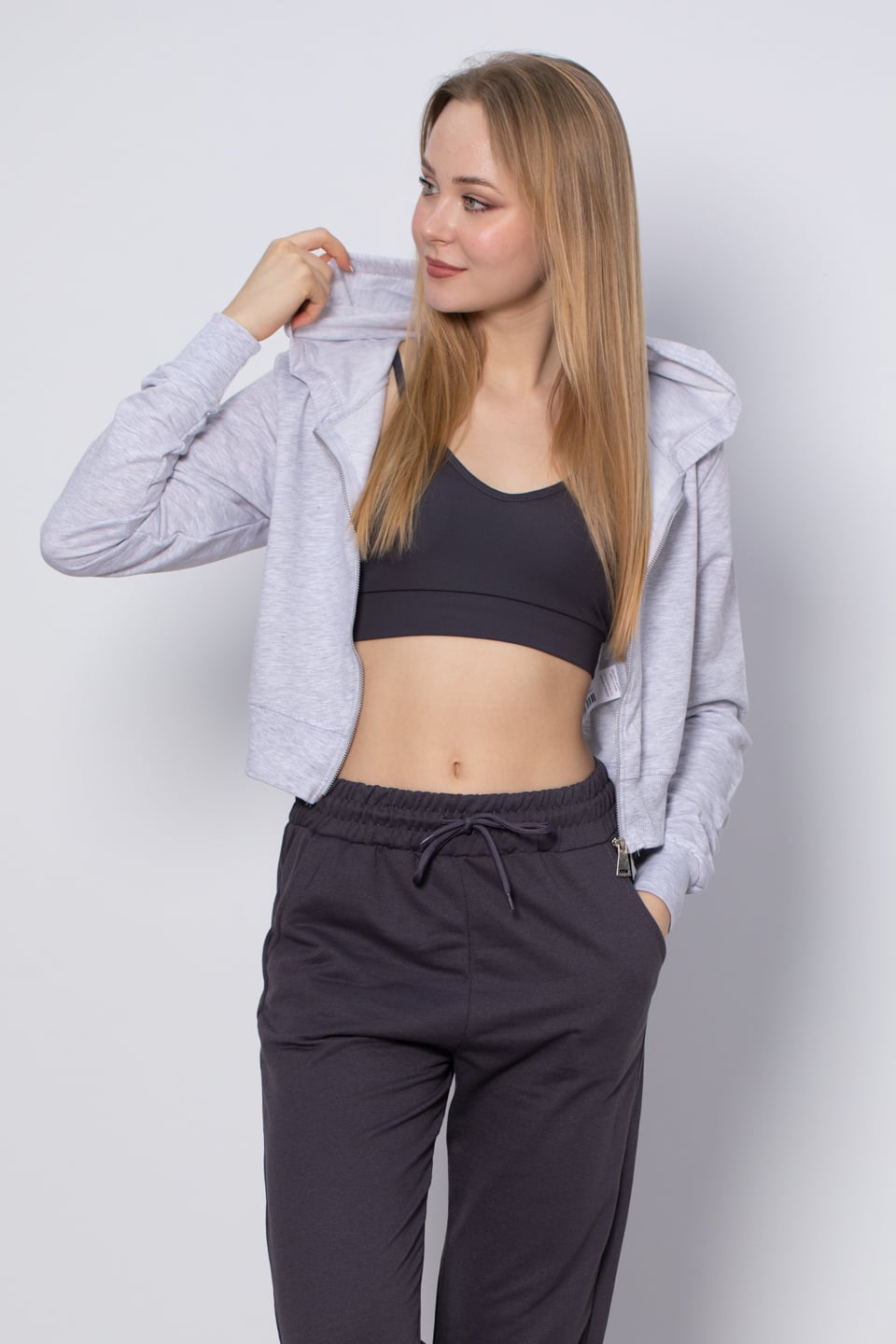 Kapüşonlu Kısa İnce Sweatshirt - Kar Melanj
