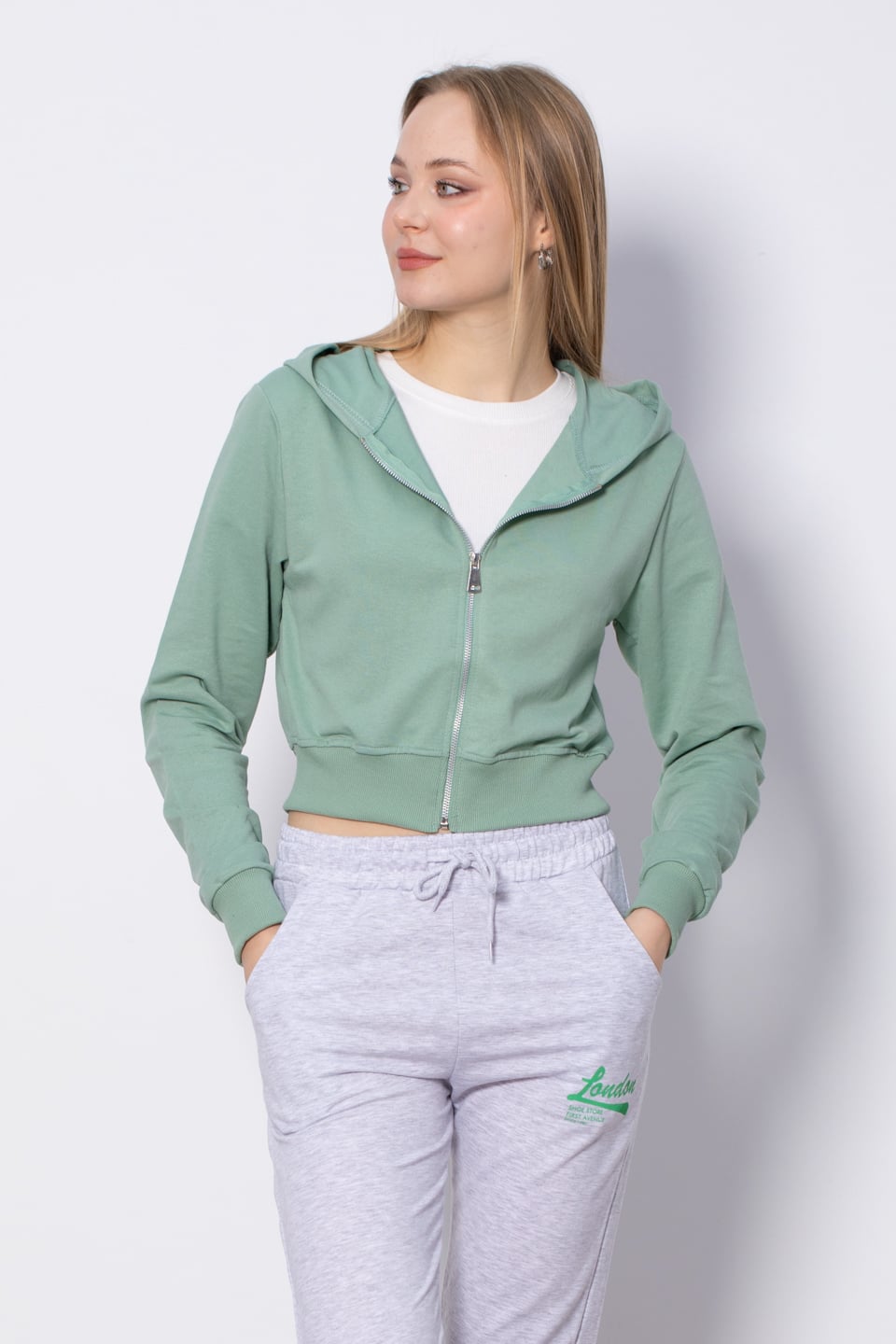 Kapüşonlu Kısa Sweatshirt -  Çağla