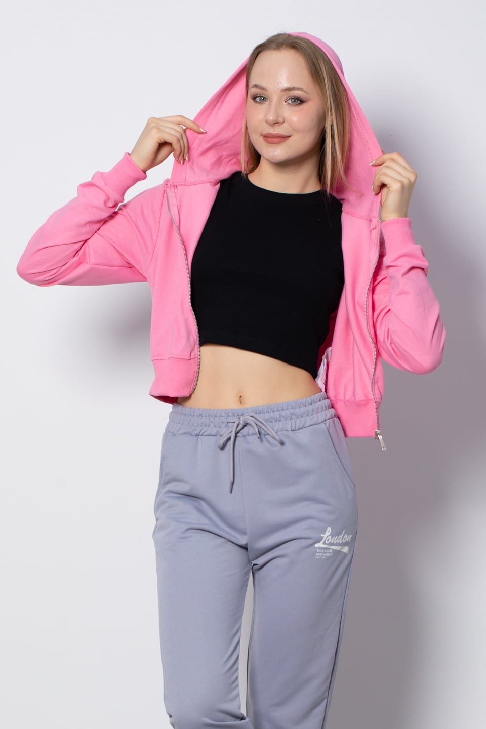 Kapüşonlu Kısa Sweatshirt - Pembe