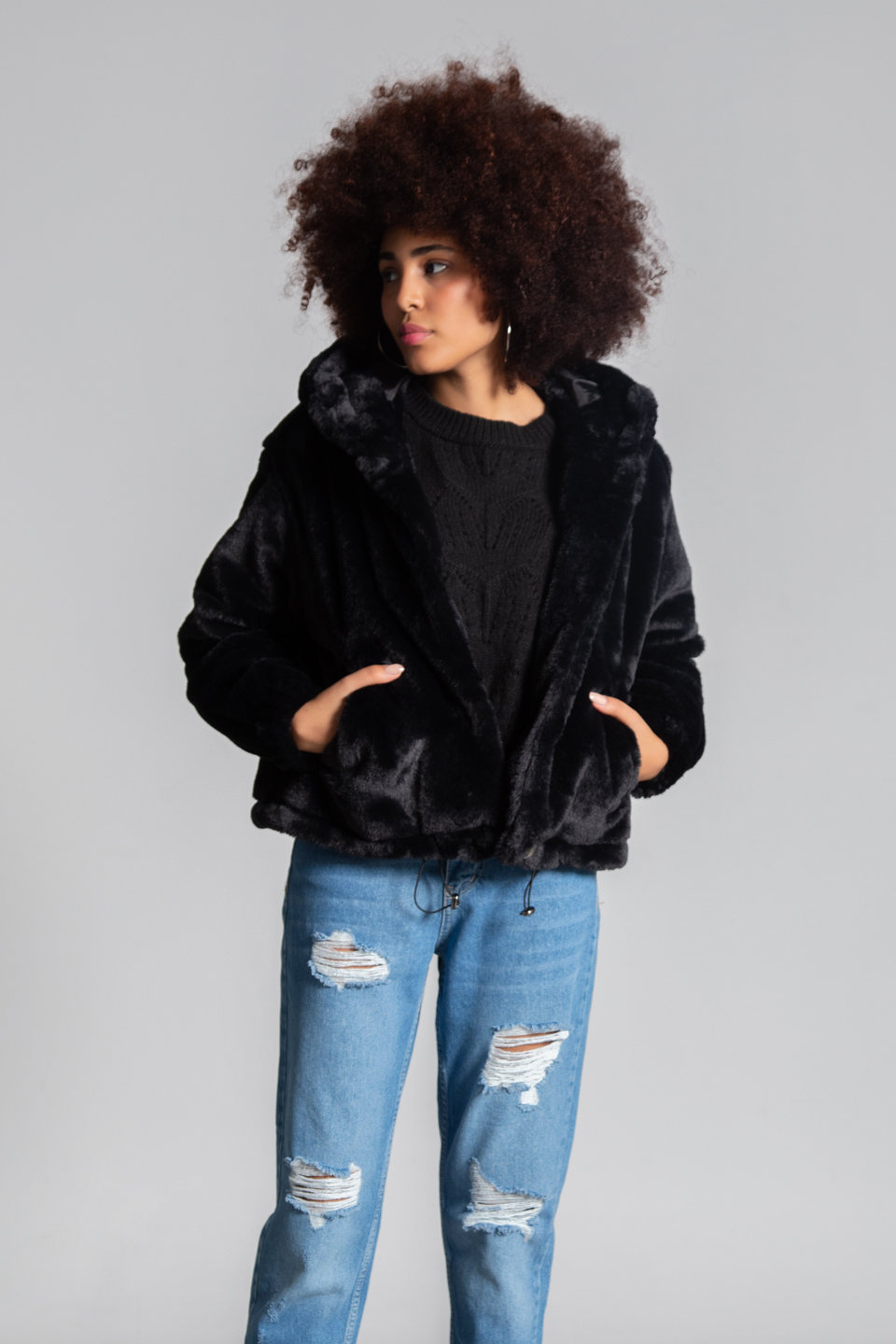 Kapüşonlu leopar desen peluş mont-1607 Siyah