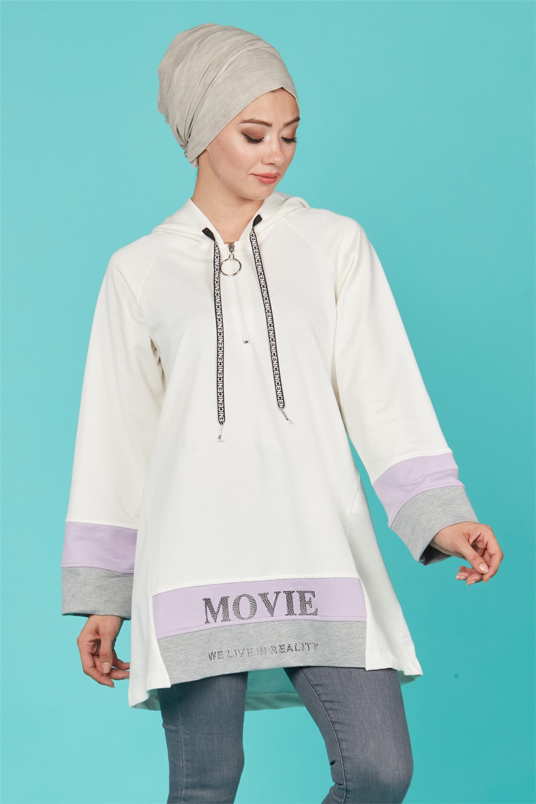 Kapüşonlu Movie Baskılı Tunik-Ekru