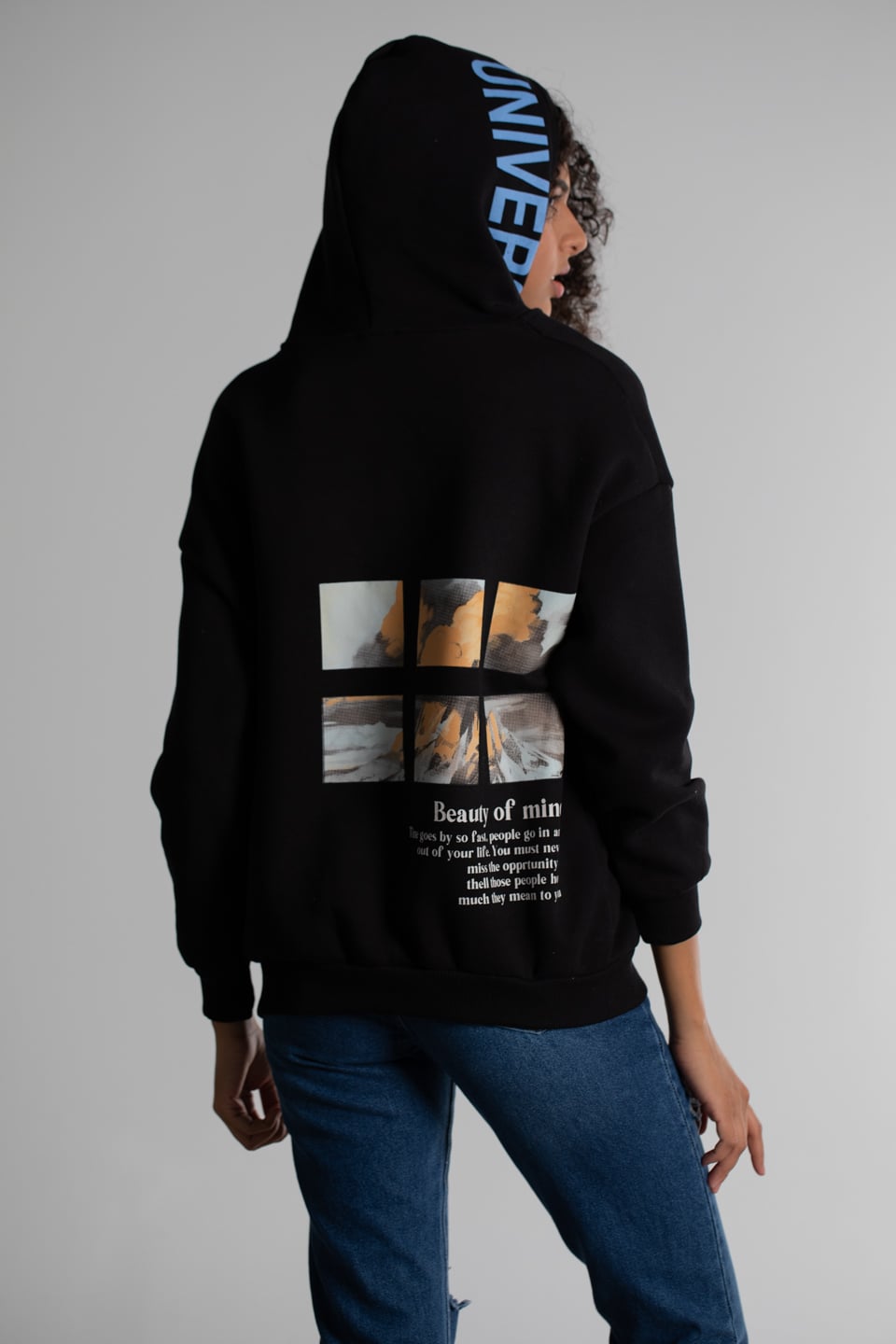 Kapüşonlu Önü Arkası Baskılı Sweatshirt - Siyah