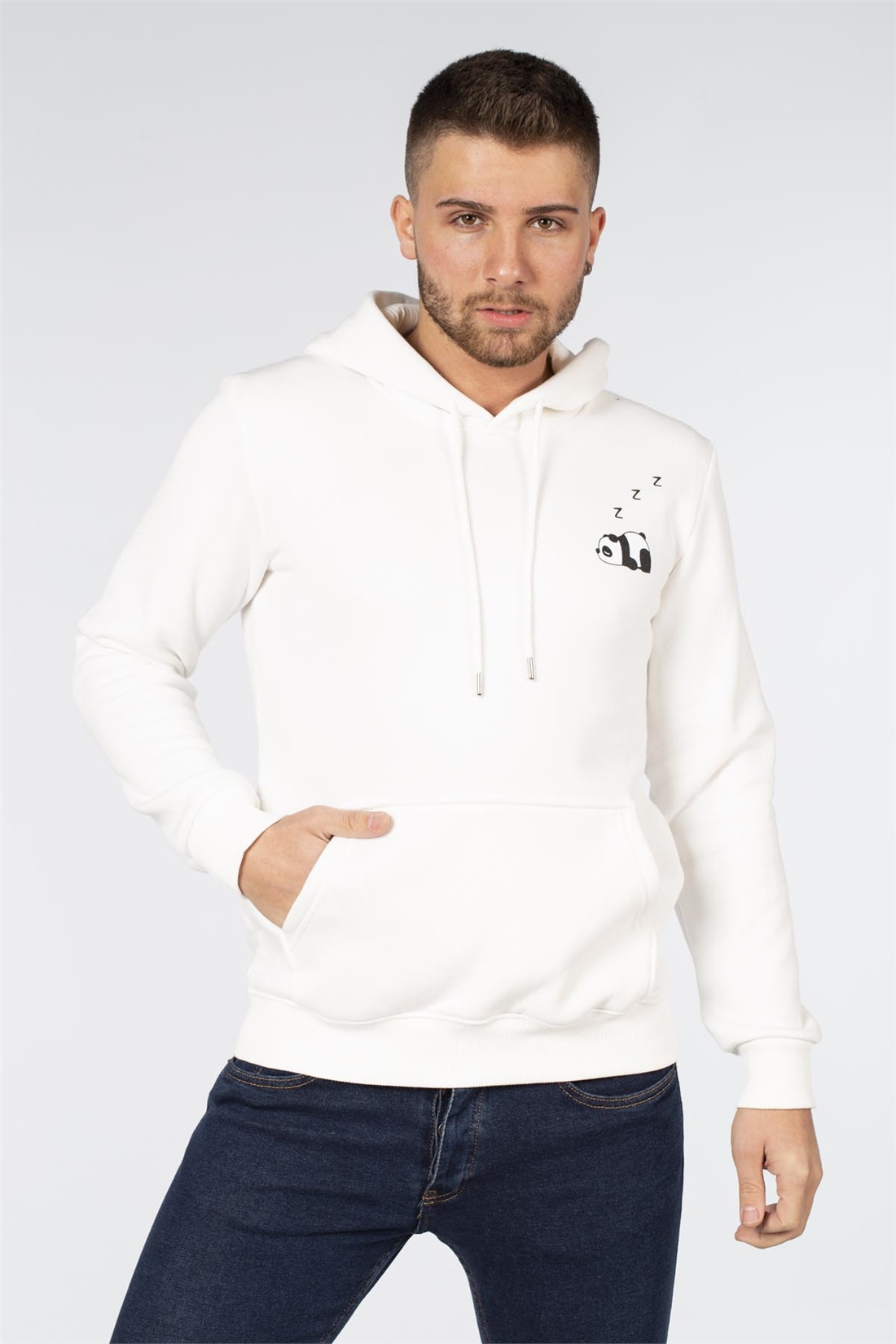 Kapüşonlu Panda Baskılı Sweat-Ekru