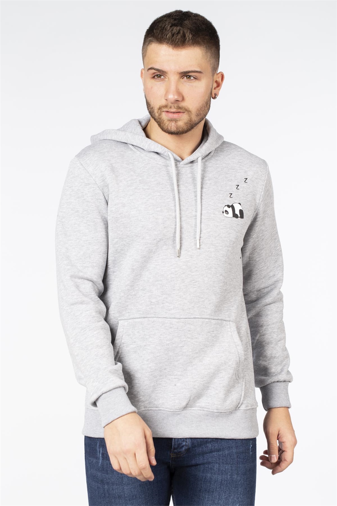 Kapüşonlu Panda Baskılı Sweat-Gri Melanj