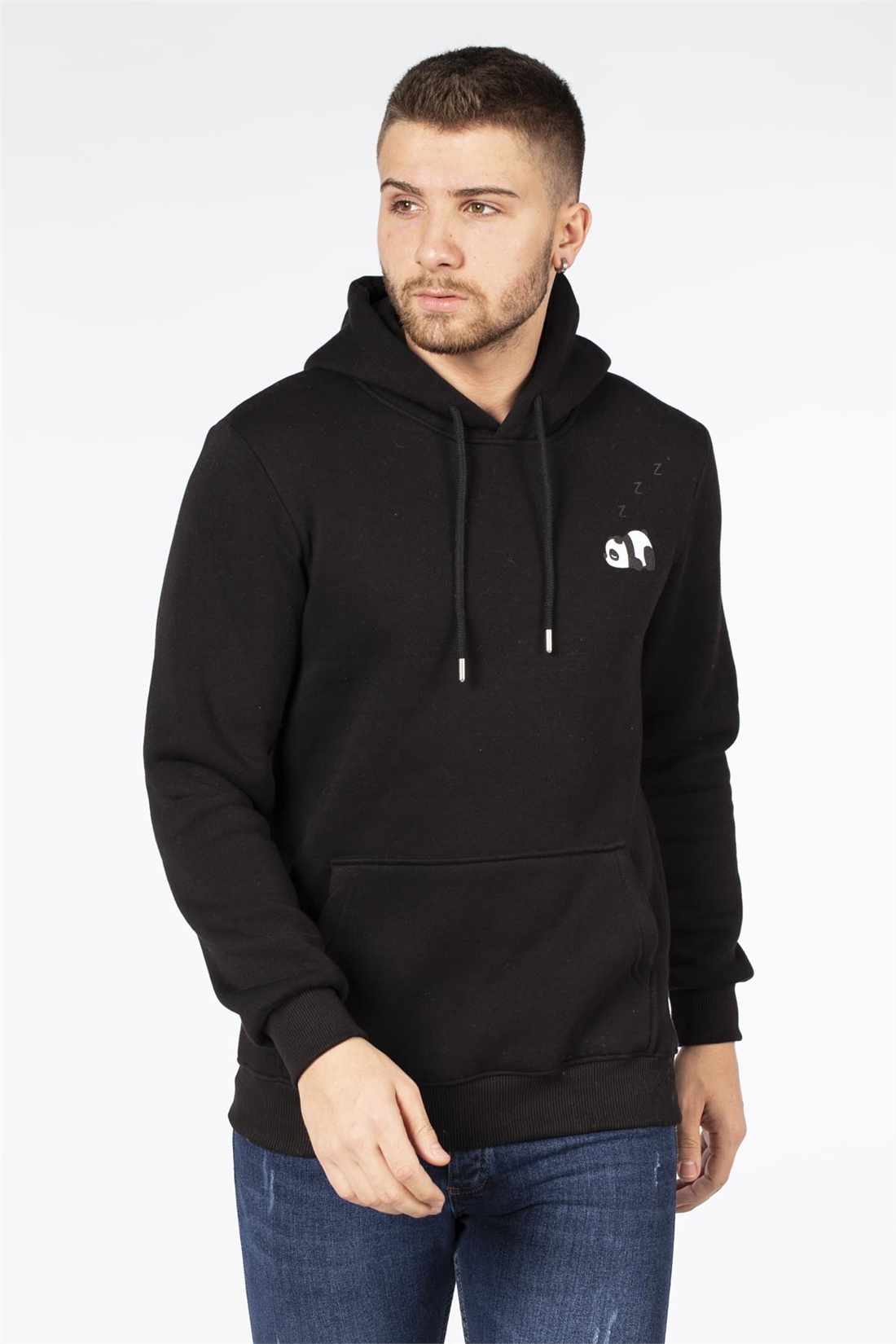 Kapüşonlu Panda Baskılı Sweat-Siyah