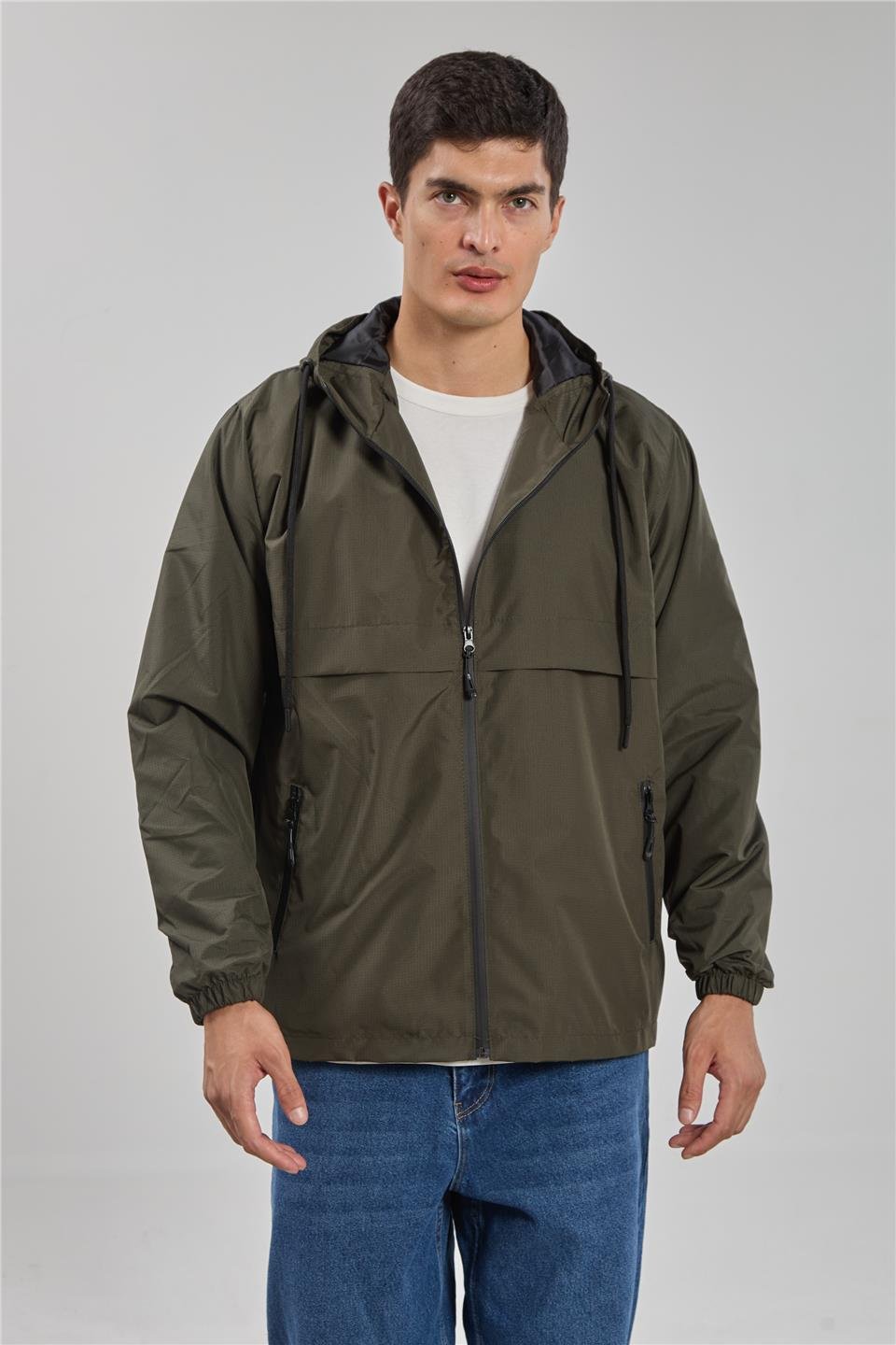 Kapüşonlu teknik mont-3438 Açık Haki