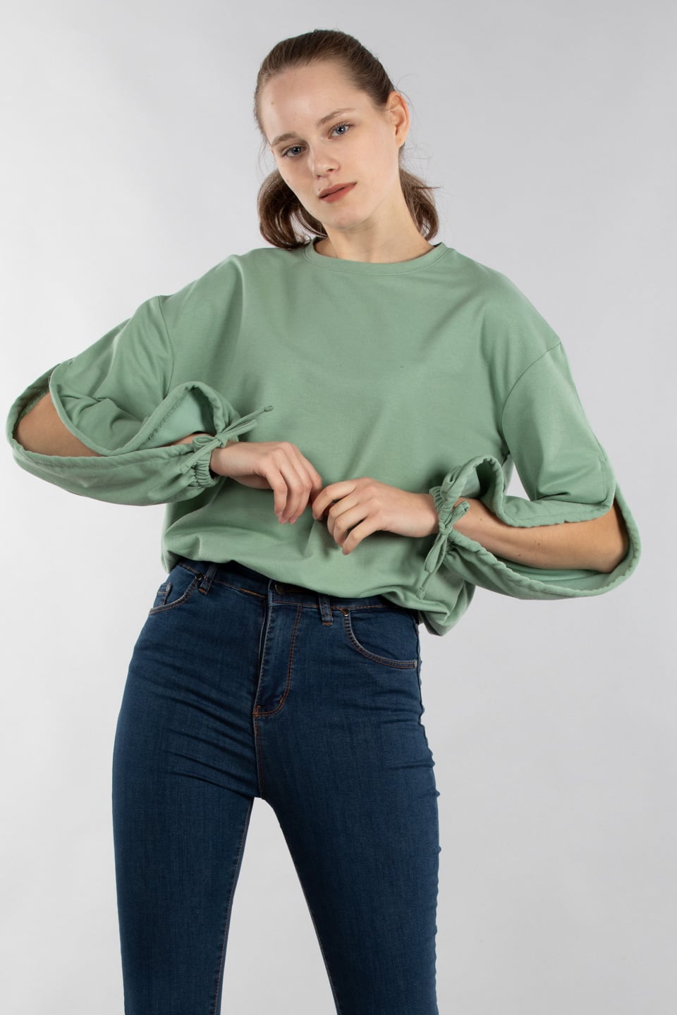 Karpuz kol bağlamalı sweatshirt-7308 Mint