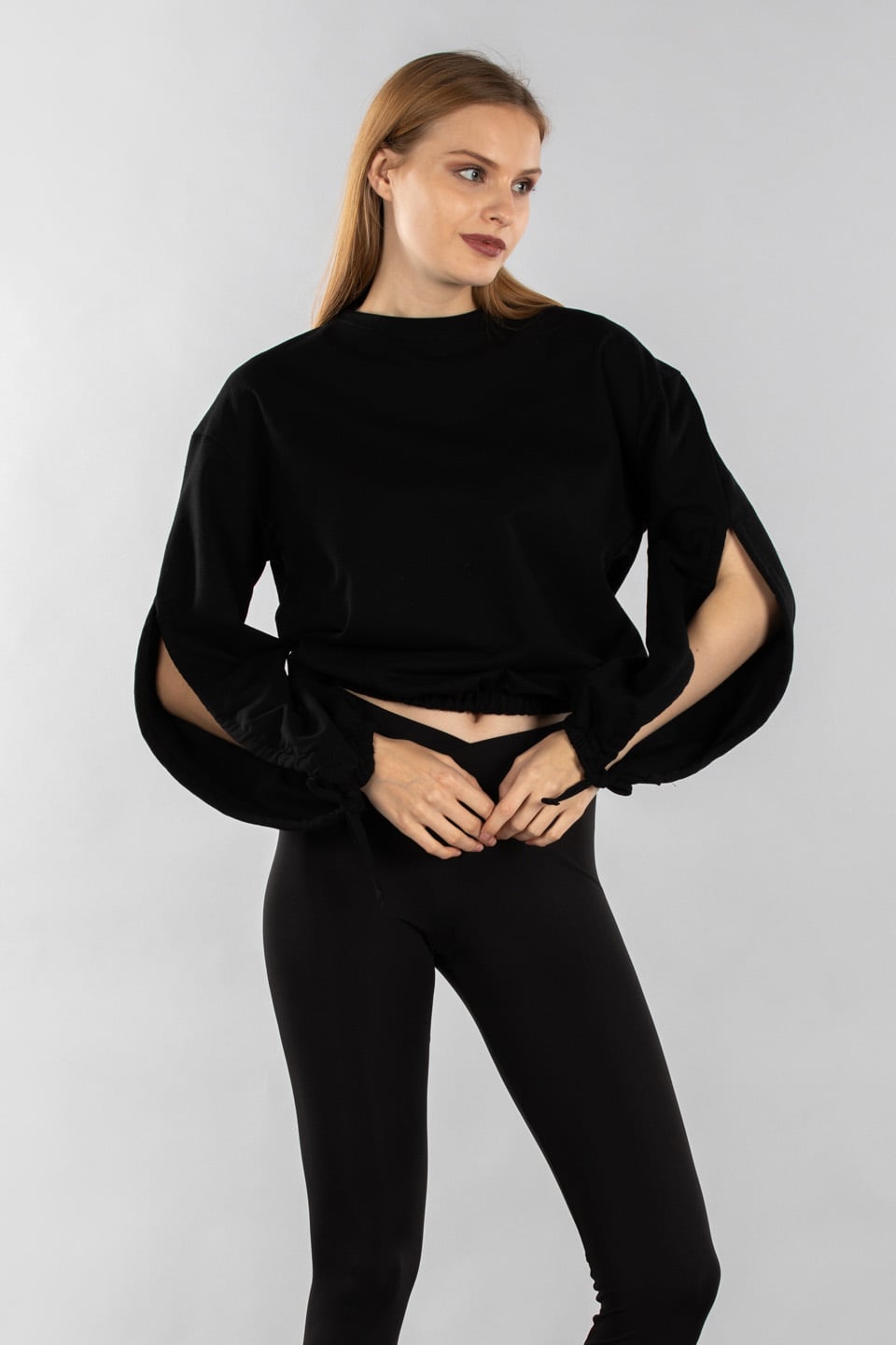 Karpuz kol bağlamalı sweatshirt-7308 Siyah
