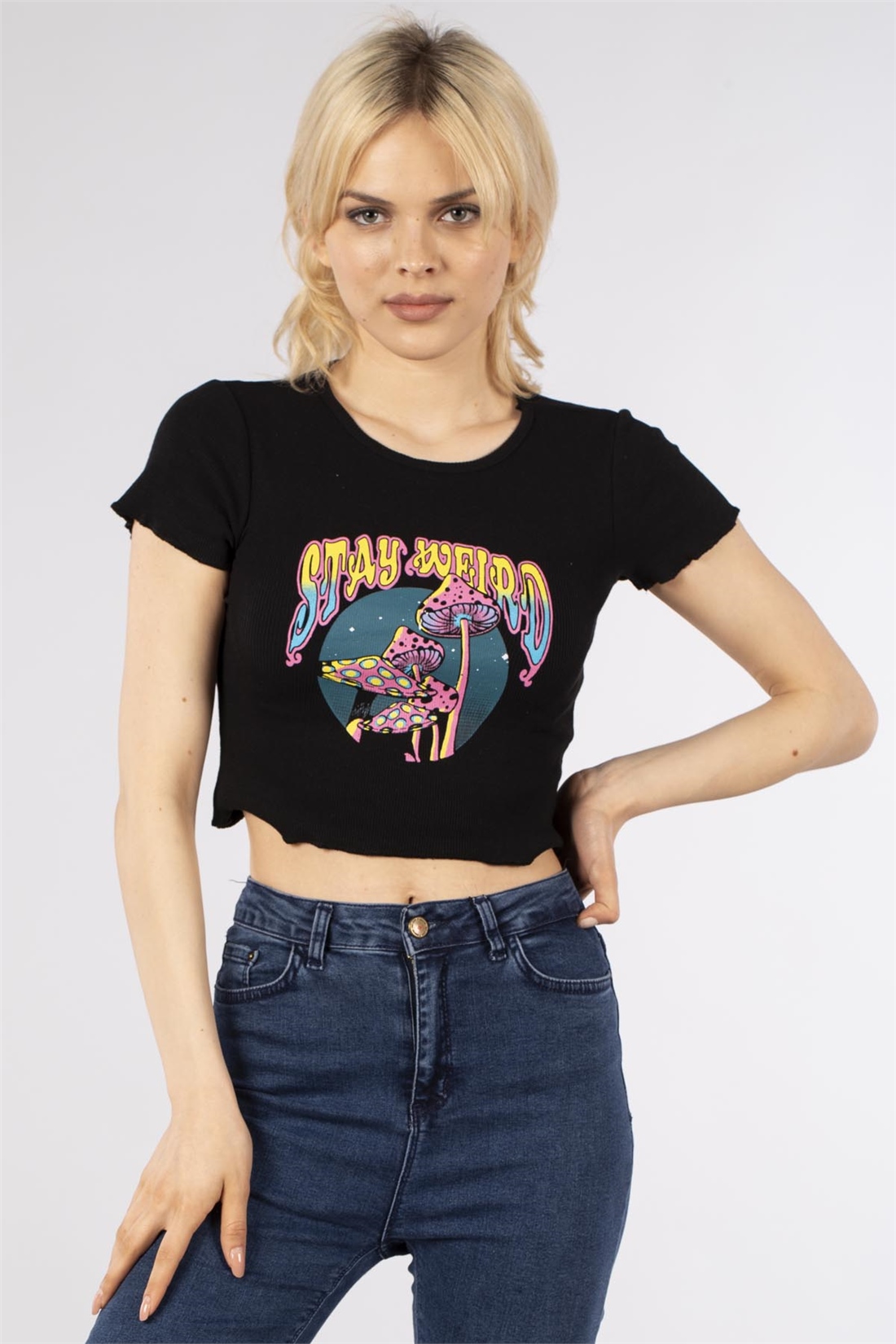 Kaşkorse Mantar Baskılı T-Shirt-Siyah