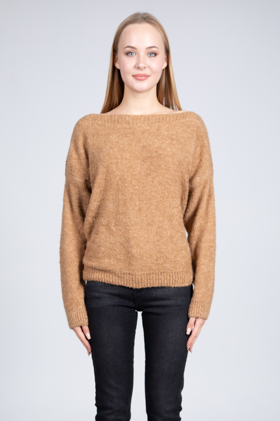 Kayık yaka buklet kazak-4044 Camel