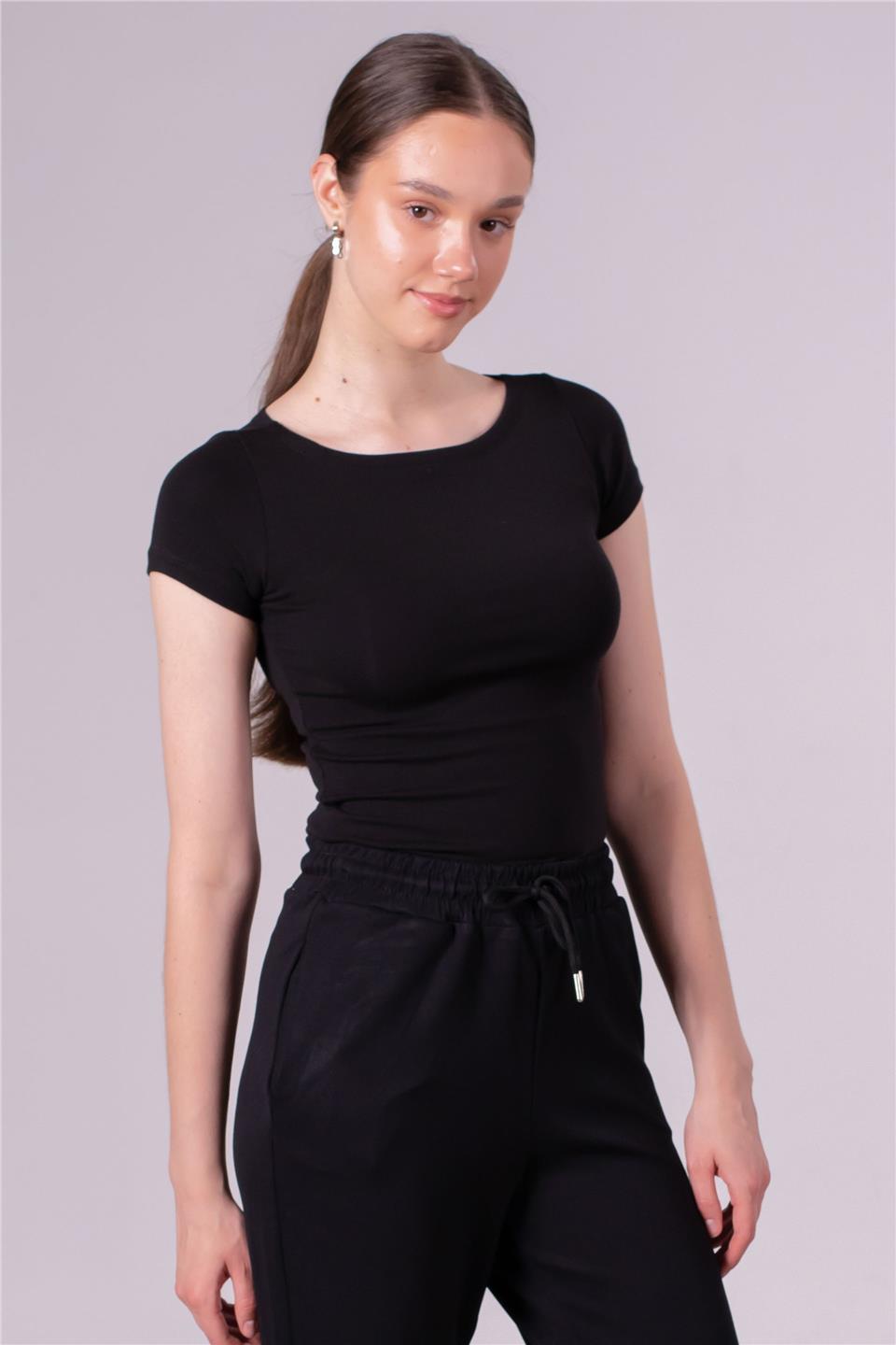 Kayık yaka kısa kol t-shirt-4298 Siyah