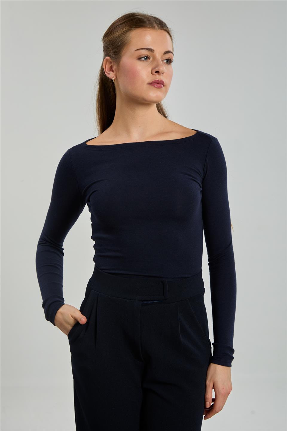 Kayık yaka uzun kol body-4419 Lacivert