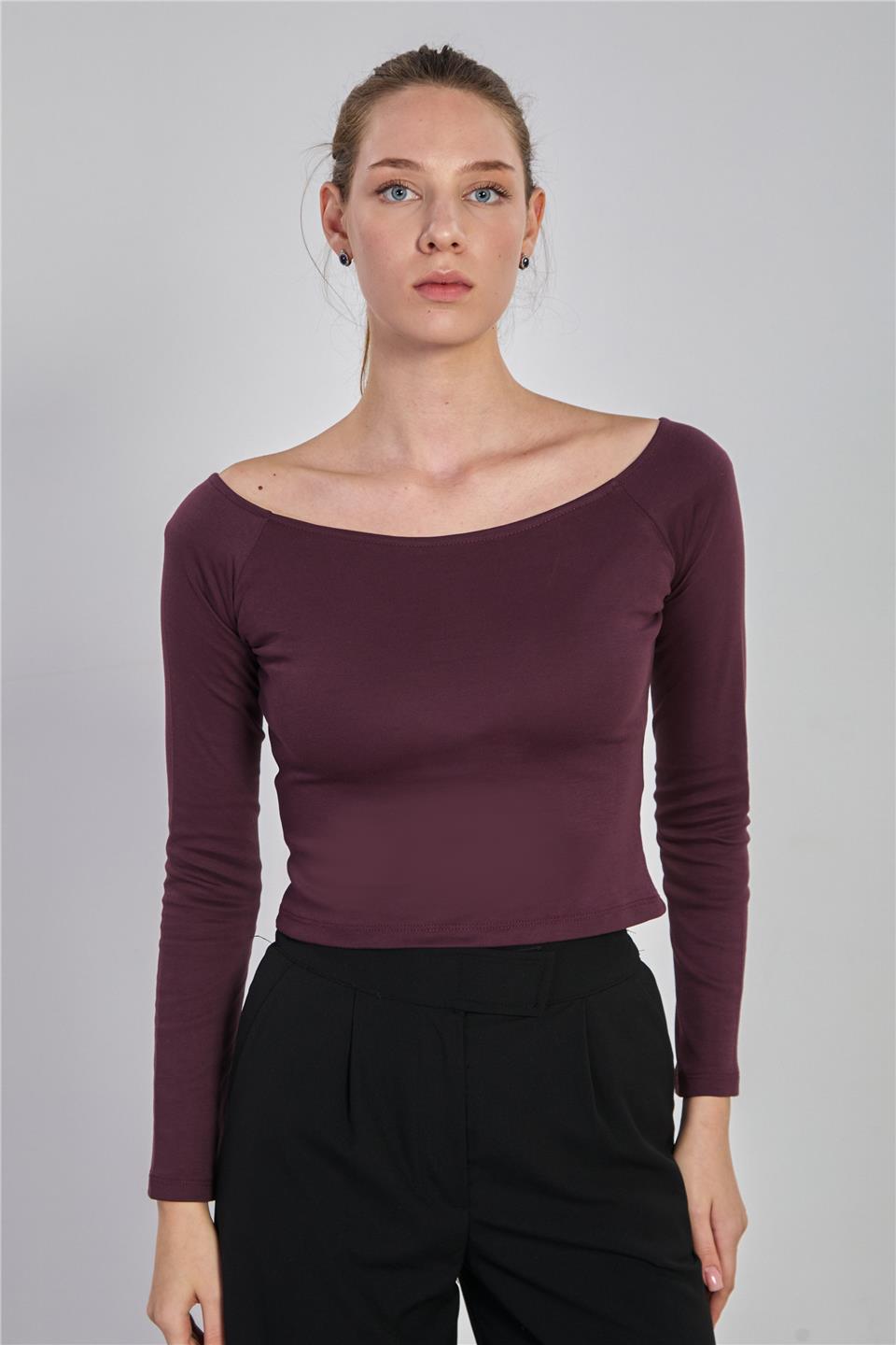 Kayık yaka uzun kol body-6523 Mürdüm