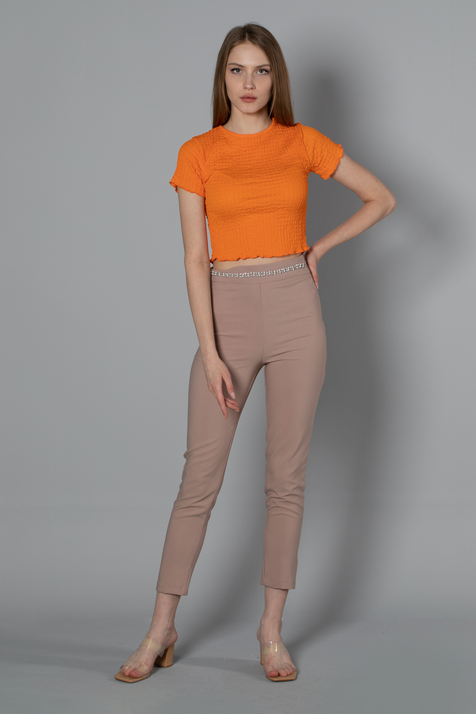 Kemeri taşlı pantolon-3717 Vizon