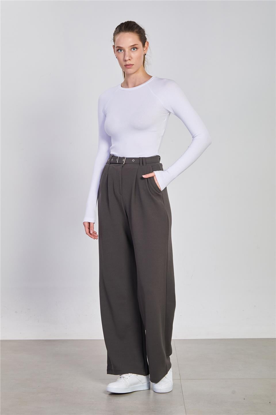 Kemerli bol paça pantolon-113 Antrasit