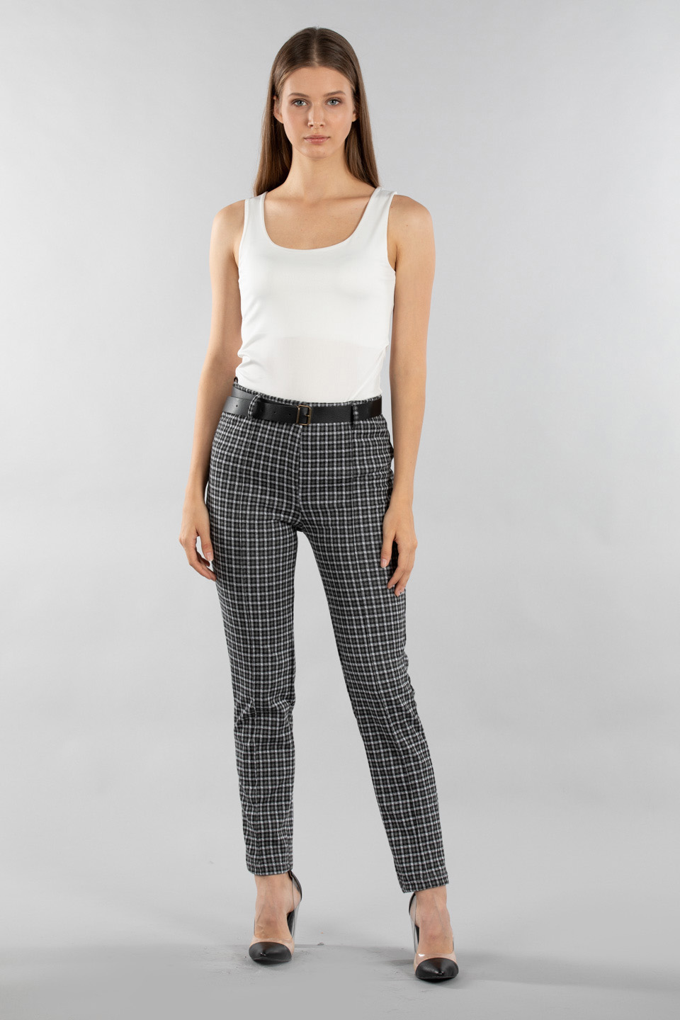 Kemerli ekose pantolon-22045 Siyah/Beyaz