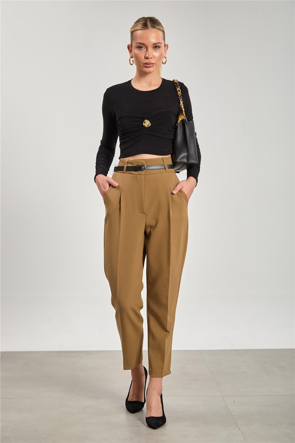 Kemerli havuç kumaş pantolon-3790 Haki