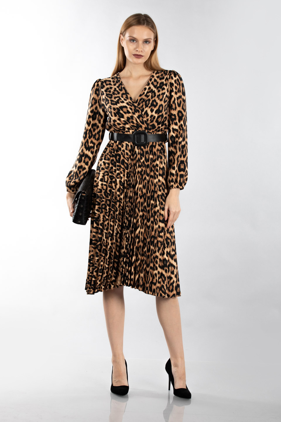 Kemerli kruvaze yaka elbise-7099 Leopar