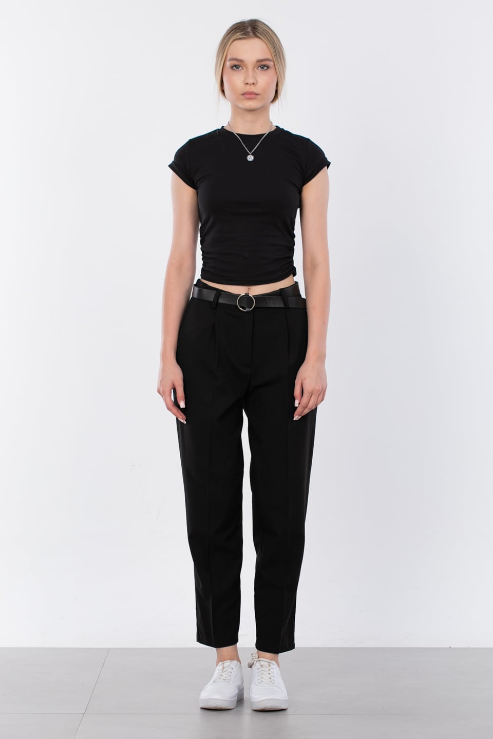 Kemerli Kumaş Pantolon - Siyah