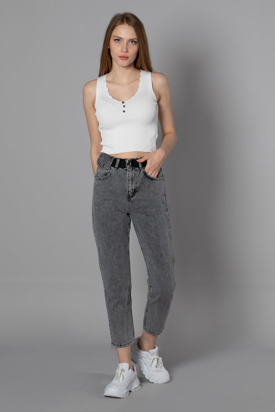 Kemerli mini cepli mom jean pantolon-2245 Siyah Kar Y.