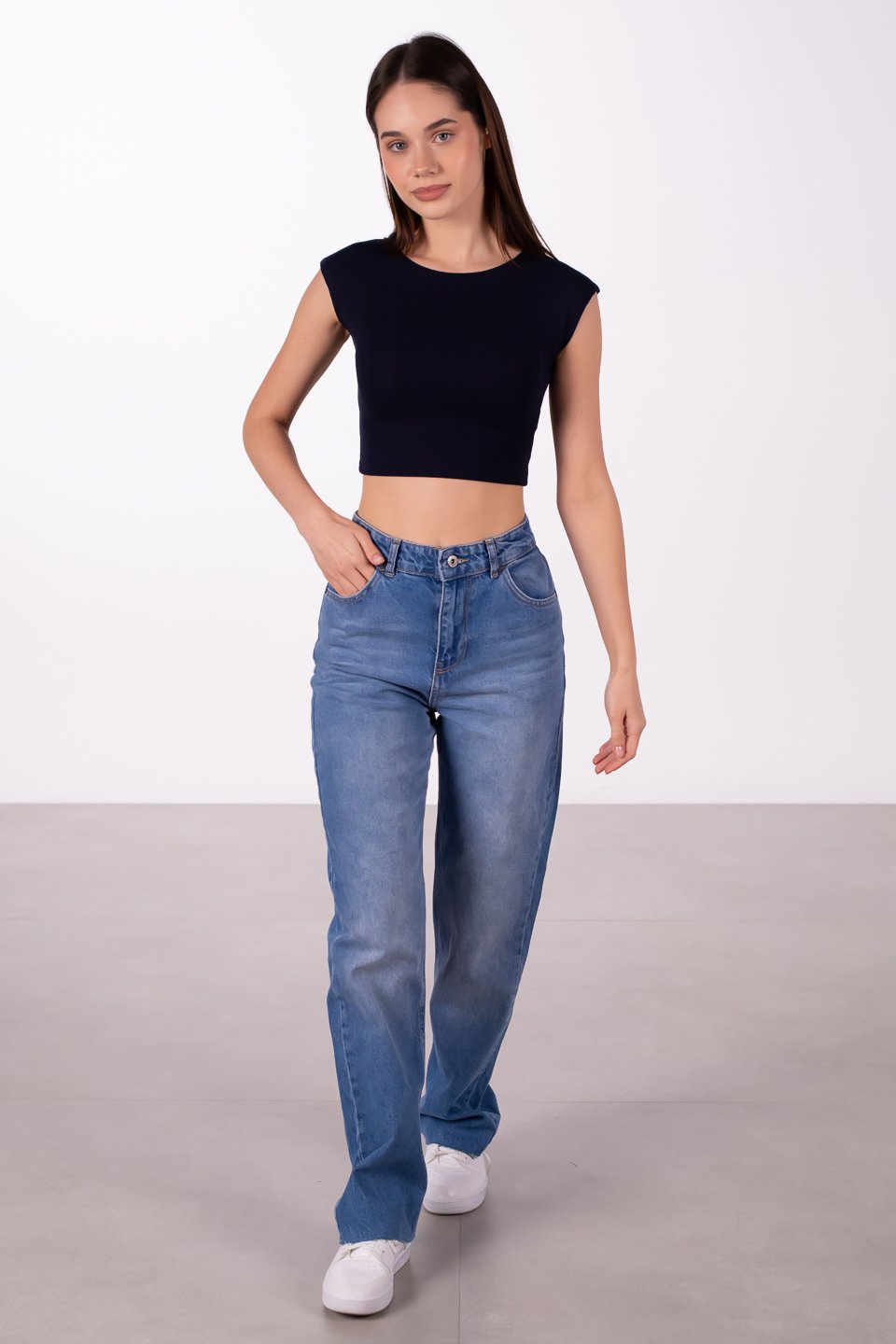 Kesik paça straight jean pantolon-2321 Orta Mavi