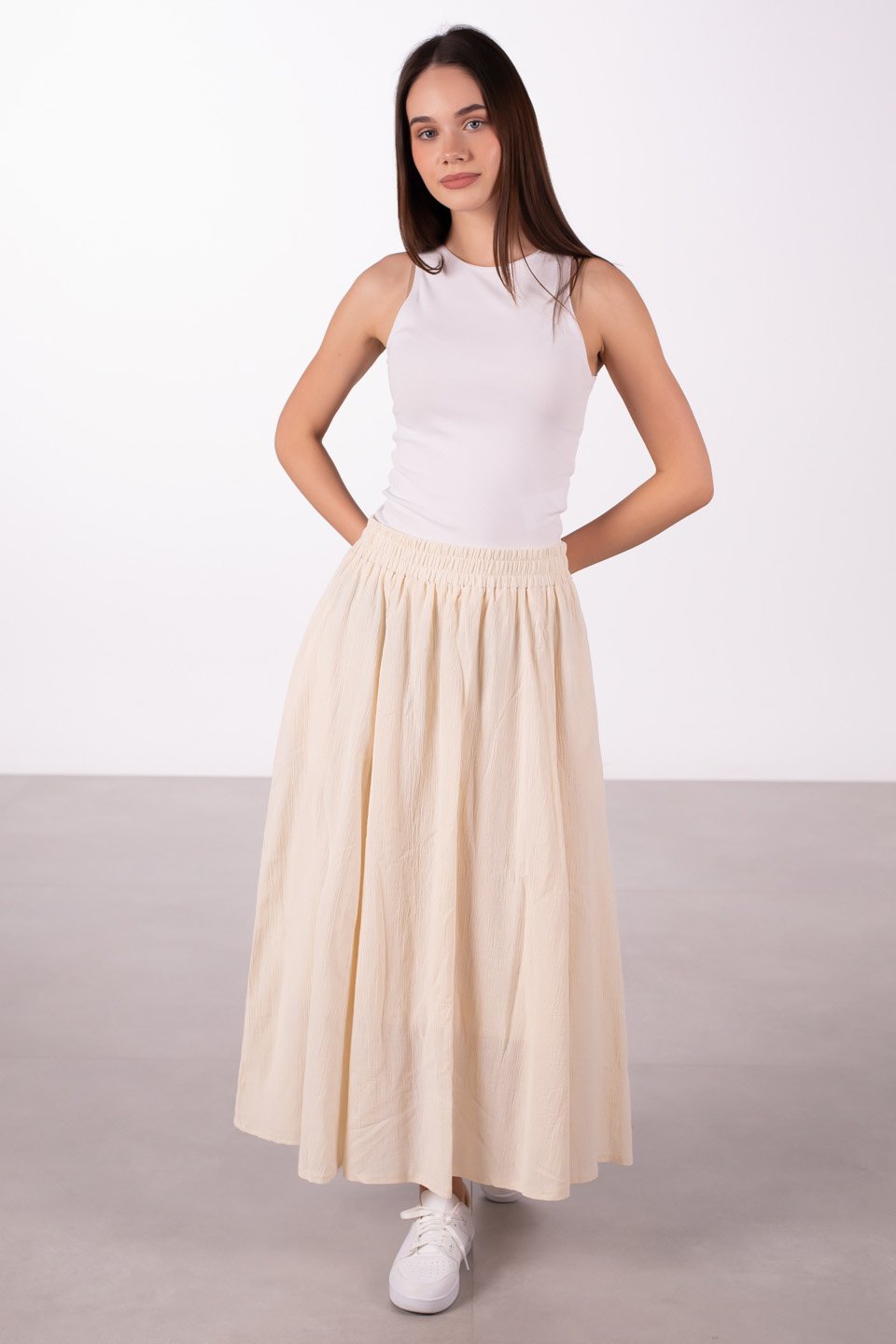 Keten beli lastikli uzun etek-2389 NATURAL Natural