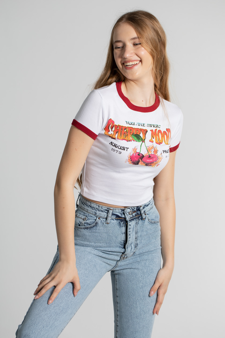 Kiraz baskılı crop body-4066 Beyaz