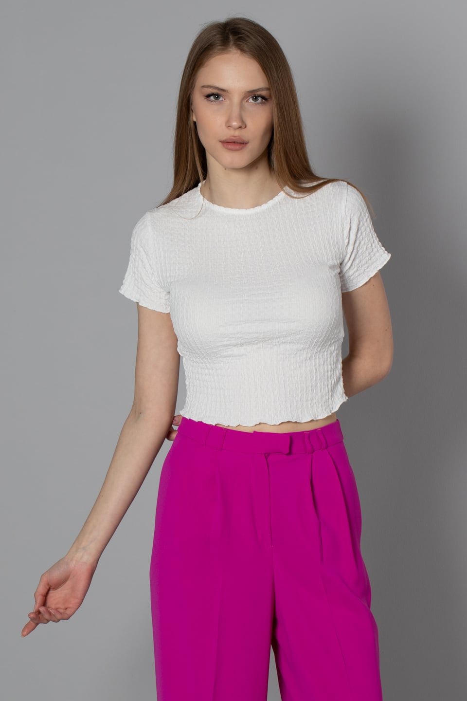 Kısa kol bluz-S0010221 Ekru