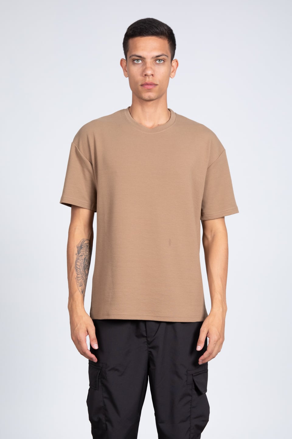 Kısa kol oversize t-shirt-8046 Vizon