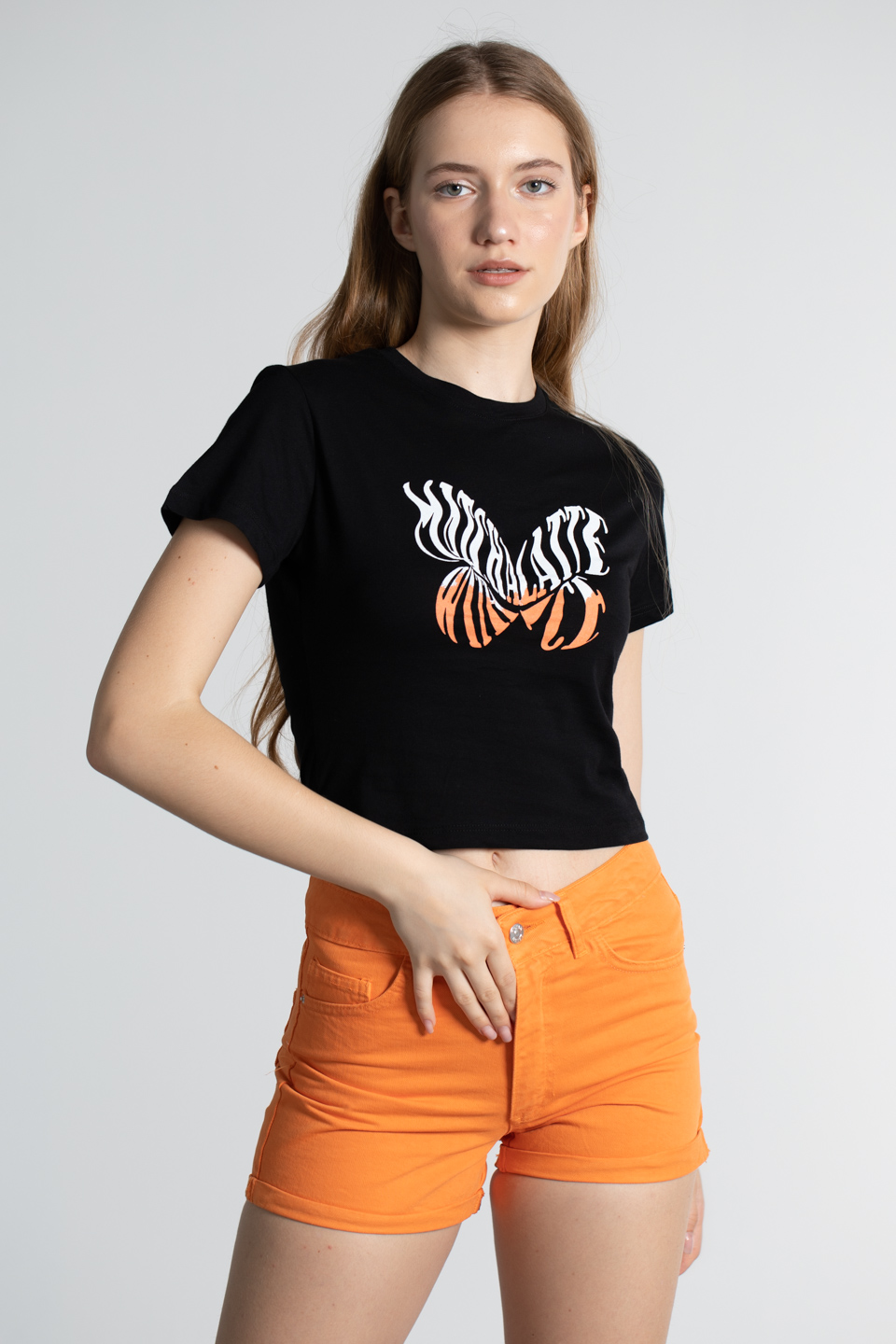 Kısa kollu kelebek baskılı t-shirt-2383 Siyah