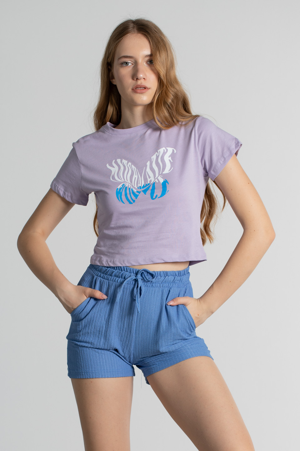 Kısa kollu kelebek baskılı t-shirt-2383 Lila