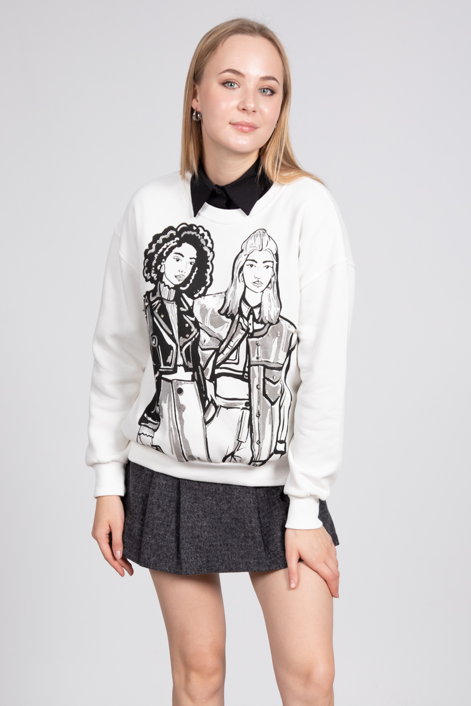 Kız baskılı taş detaylı sweatshirt-82127 Ekru