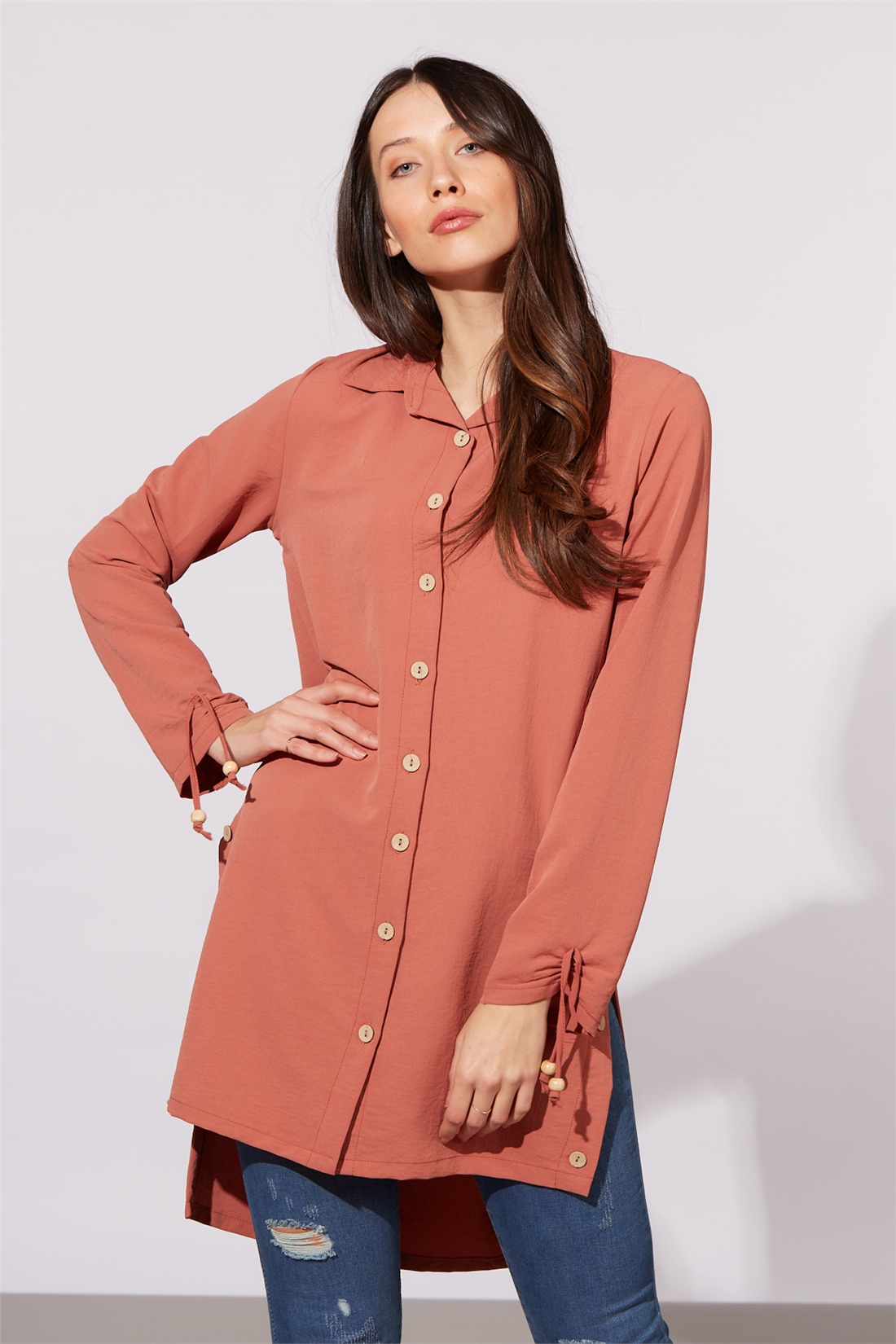 Kol Ucu Büzgülü Gömlek Tunik-Somon