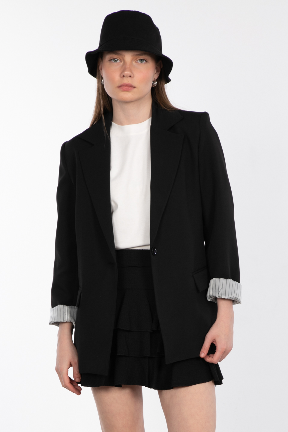Kolu katlamalı çift cep blazer ceket-9060 Siyah