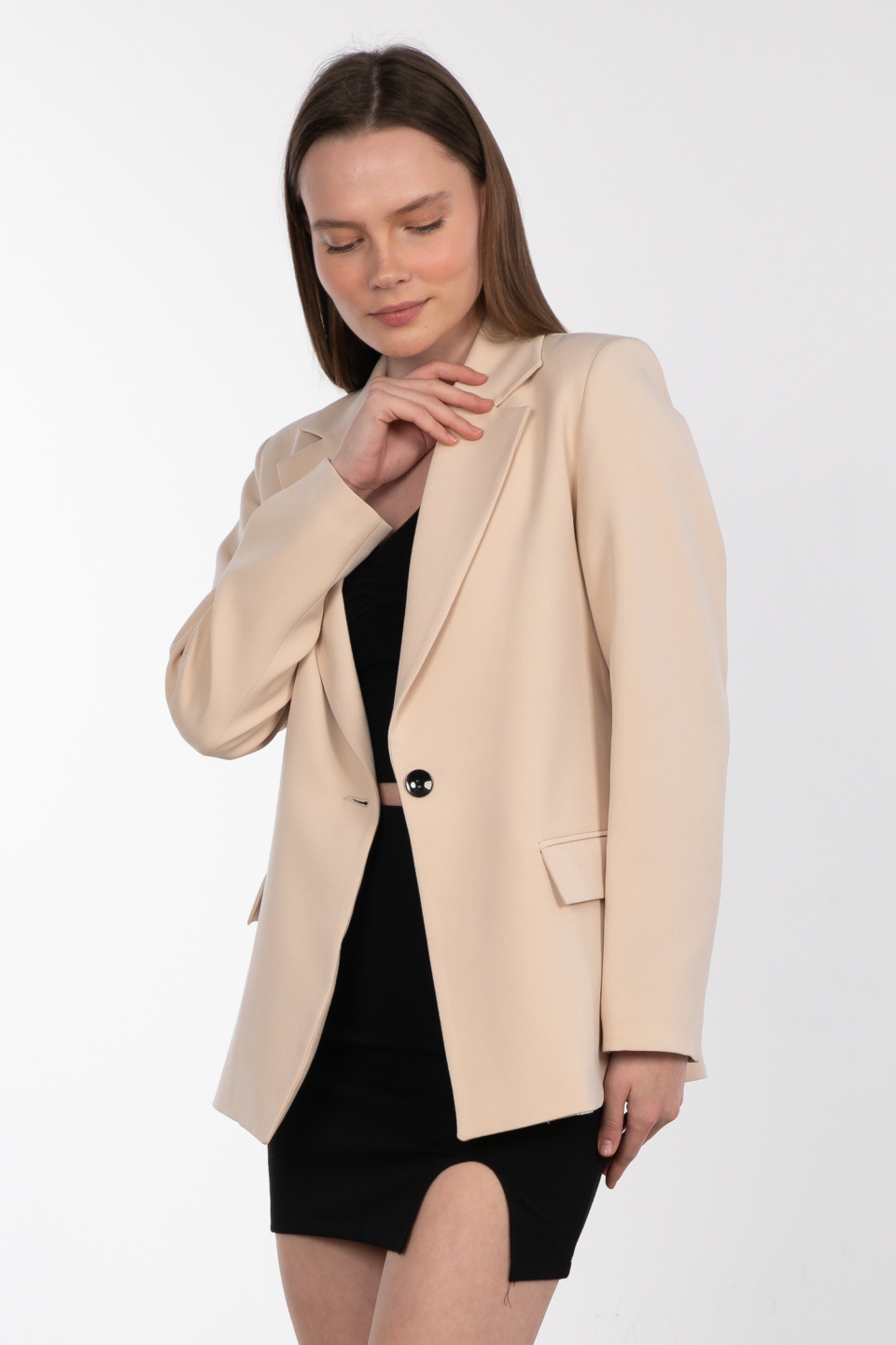 Kolu katlamalı çift cep blazer ceket-9060 Taş